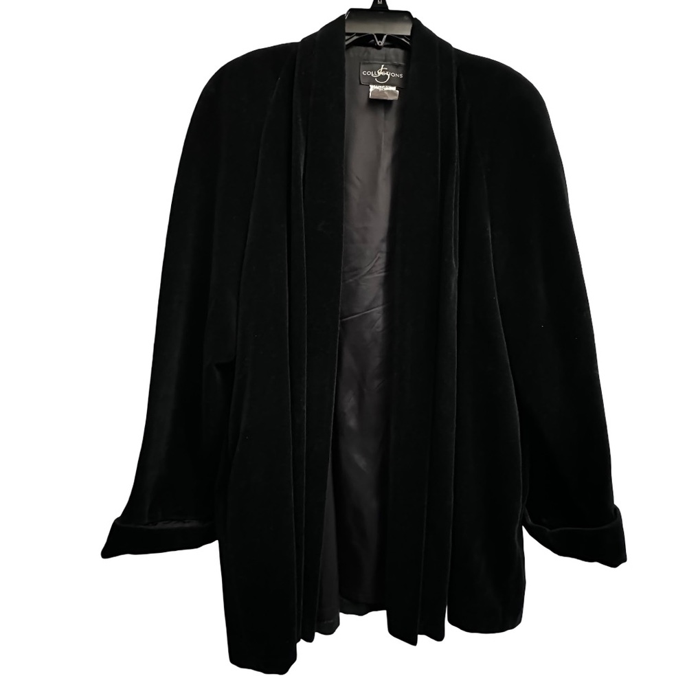 Vintage Black Velvet 100% cotton Open Front Long Jacket Blazer - Picture 1 of 5
